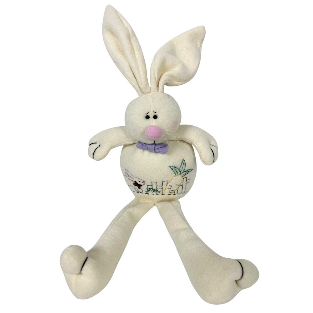 Sitting White Bunny Rabbit w/Bunny & Carrot Embroidery on Front-Weighted Bottom